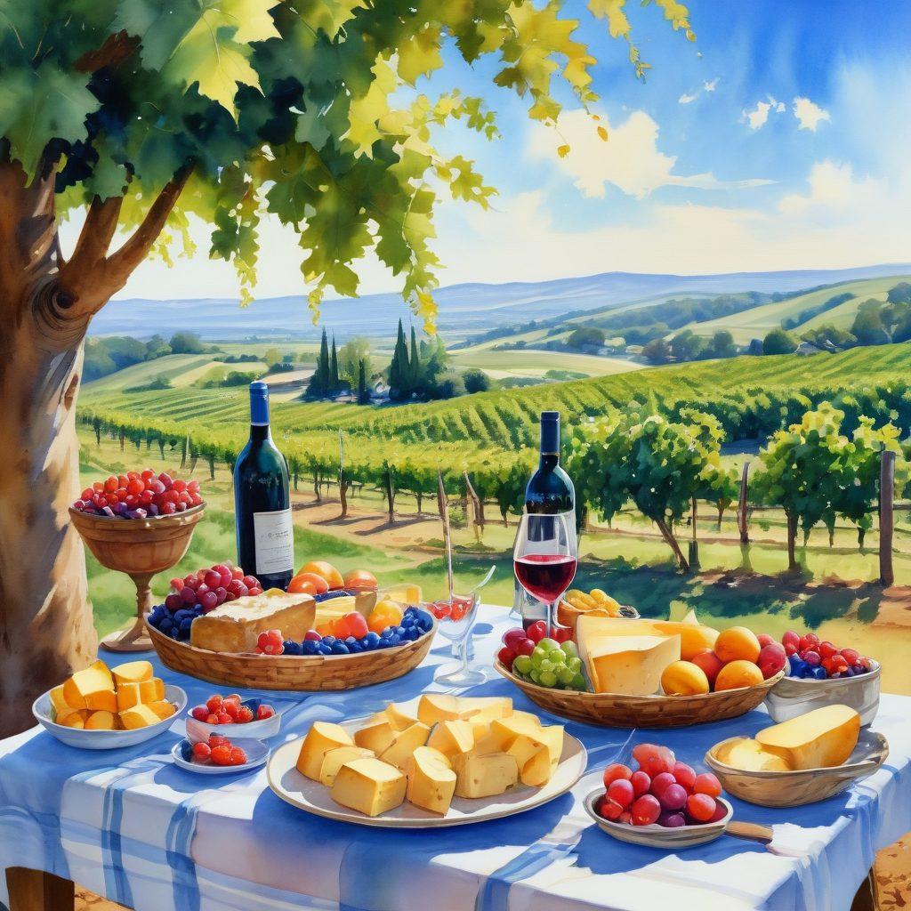 A vibrant vineyard scene with lush grapevines under a bright blue sky. In the foreground, a beautifully arranged picnic table with assorted wines and delicious food pairings like cheese, fruits, and bread. A festive atmosphere with colorful decorations and joyful people raising glasses in celebration. Soft sunlight illuminating the scene for an inviting and warm feel. watercolor painting. vibrant colors.