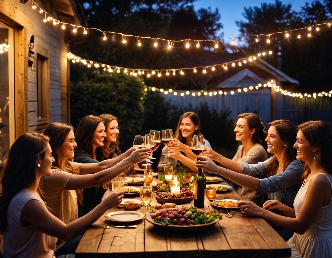 A lively gathering of friends enjoying wine under twinkling fairy lights in a cozy outdoor setting, with laughter and clinking glasses creating a warm atmosphere. Various wine bottles and glasses elegantly arranged on a rustic wooden table, surrounded by platters of gourmet snacks. The scene is infused with a golden sunset glow, enhancing the feeling of togetherness and joy. super-realistic. vibrant colors. warm lighting.