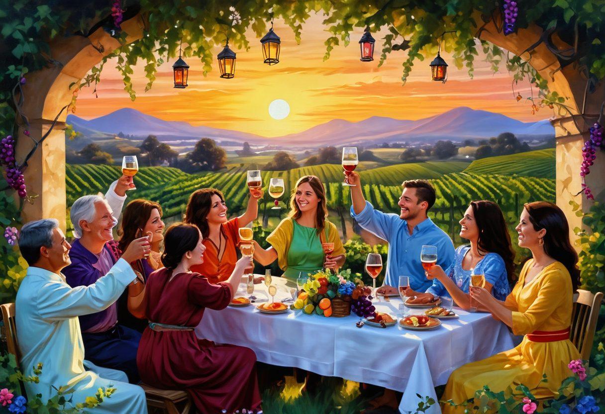 A cheerful vineyard scene at sunset, showcasing a diverse group of people raising their glasses in a toast amidst lush grapevines and vibrant floral decorations. Incorporate cultural symbols from various celebrations like lanterns, folk costumes, and colorful banners. Capture the warmth of joyful camaraderie and the rich hues of a setting sun reflecting off wine glasses. Painting. vibrant colors. warm ambiance.